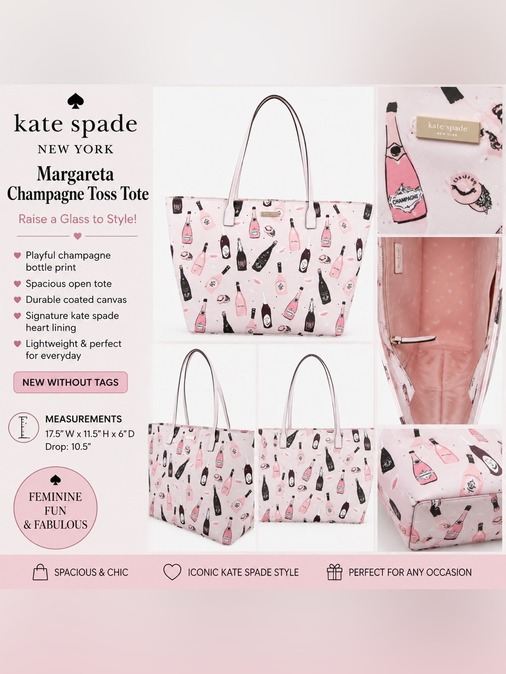 Kate Spade New York Margareta Champagne Toss Tote Pink Shoulder Bag NWT
